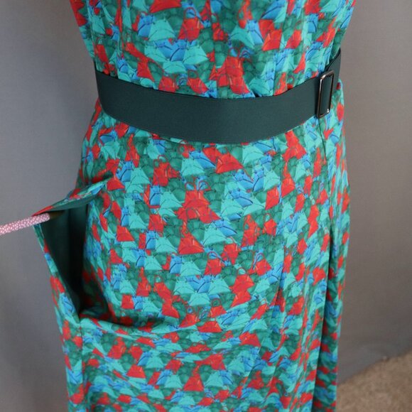 Akris 10 Green Red Ai Print Sleeveless Swing Fit Flare Pleated Pocket Dress - Picture 7 of 15